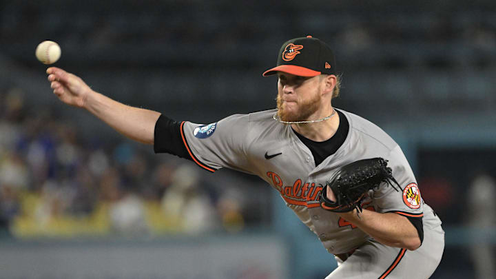 Aug 28, 2024; Los Angeles, California, USA;  Baltimore Orioles relief pitcher Craig Kimbrel (46) delivers to the plate in the eighth inning against the Los Angeles Dodgers at Dodger Stadium.