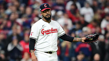 Oct 18, 2024; Cleveland, Ohio, USA; Cleveland Guardians pitcher Emmanuel Clase (48) reacts in the ninth inning against the New York Yankees during game four of the ALCS for the 2024 MLB playoffs at Progressive Field. Mandatory Credit: David Dermer-Imagn Images