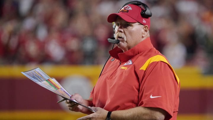 Oct 10, 2022; Kansas City, Missouri, USA; Kansas City Chiefs head coach Andy Reid reacts to ally in the second half against the Las Vegas Raiders at GEHA Field at Arrowhead Stadium. Mandatory Credit:    Denny Medley-USA TODAY Sports