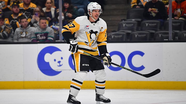 Jan 23, 2025; Anaheim, California, USA; Pittsburgh Penguins center Sidney Crosby (87) in action against the Anaheim Ducks during the second period at Honda Center. Mandatory Credit: Gary A. Vasquez-Imagn Images Jan 23, 2025; Anaheim, California, USA; Pittsburgh Penguins center Sidney Crosby (87) in action against the Anaheim Ducks during the second period at Honda Center. Mandatory Credit: Gary A. Vasquez-Imagn Images