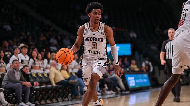 Feb 18, 2026; Atlanta, Georgia, USA; Georgia Tech Yellow Jackets guard Jaeden Mustaf (3) dribbles against the Virginia Cavaliers in the second half at McCamish Pavilion. Mandatory Credit: Brett Davis-Imagn Images

