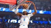 May 18, 2024; Dallas, Texas, USA; Oklahoma City Thunder forward Jalen Williams (8) dunks during the first quarter against the Dallas Mavericks in game six of the second round of the 2024 NBA playoffs at American Airlines Center. Mandatory Credit: Kevin Jairaj-USA TODAY Sports