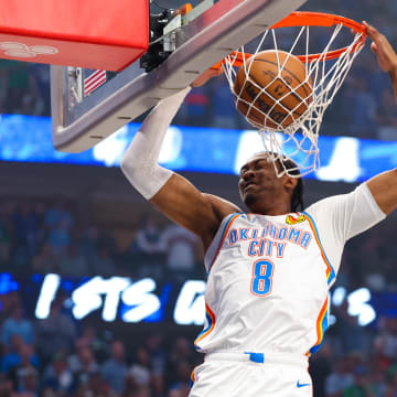 May 18, 2024; Dallas, Texas, USA; Oklahoma City Thunder forward Jalen Williams (8) dunks during the first quarter against the Dallas Mavericks in game six of the second round of the 2024 NBA playoffs at American Airlines Center. Mandatory Credit: Kevin Jairaj-USA TODAY Sports