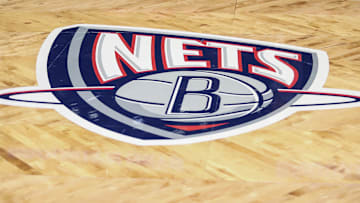 Nov 17, 2021; Brooklyn, New York, USA; The old Nets logo on the court prior to the game between the Cleveland Cavilers and the Brooklyn Nets at Barclays Center. Mandatory Credit: Wendell Cruz-Imagn Images