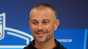 Feb 25, 2025; Indianapolis, IN, USA; Las Vegas Raiders general manager John Spytek speaks during the NFL Scouting Combine at the Indiana Convention Center. Mandatory Credit: Kirby Lee-Imagn Images