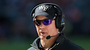 Nov 23, 2024; Miami Gardens, Florida, USA; Wake Forest Demon Deacons head coach Dave Clawson looks on against the Miami Hurricanes during the second quarter at Hard Rock Stadium. Mandatory Credit: Sam Navarro-Imagn Images