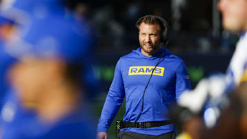 Nov 3, 2024; Seattle, Washington, USA; Los Angeles Rams head coach Sean McVay walks on the sideline during the first quarter against the Seattle Seahawks at Lumen Field. Mandatory Credit: Joe Nicholson-Imagn Images