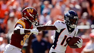 Sep 17, 2023; Denver, Colorado, USA; Denver Broncos wide receiver Marvin Mims Jr. (19) runs for a