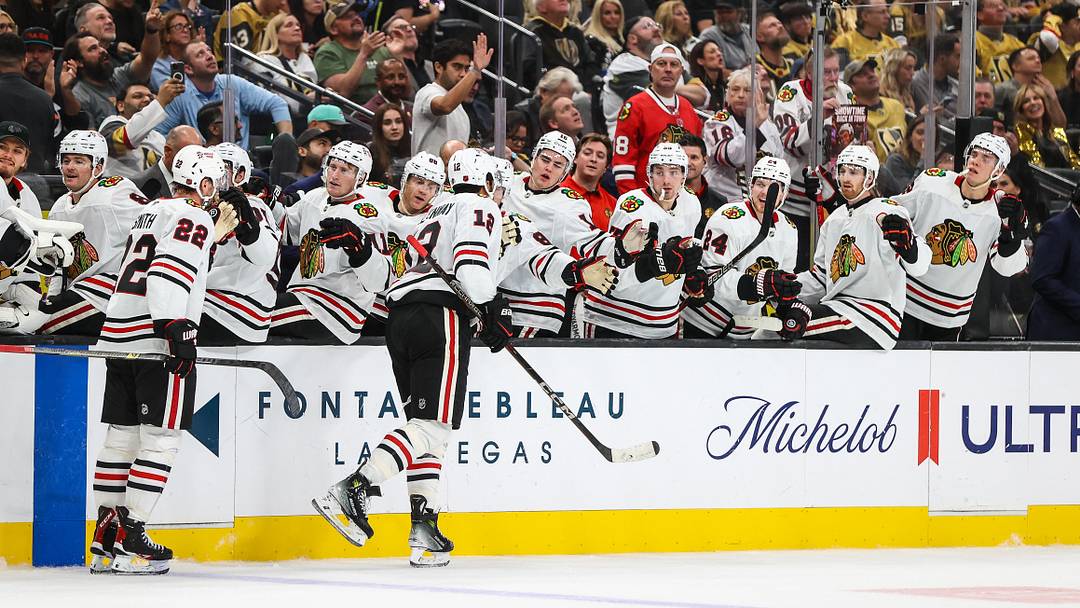 Jordan Greenway celebrates after scoring the first goal of the 2026-27 season for the Chicago Blackhawks. Mandatory Credit: Christopher Trim-Imagn Images
