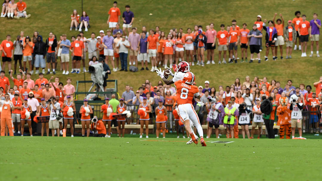 Clemson Tigers cornerback Avieon Terrell (8) tackles Troy Trojans running back Jordan Lovett (1) Saturday, Sept. 6, 2025 during the NCAA football game at Memorial Stadium in Clemson, South Carolina.