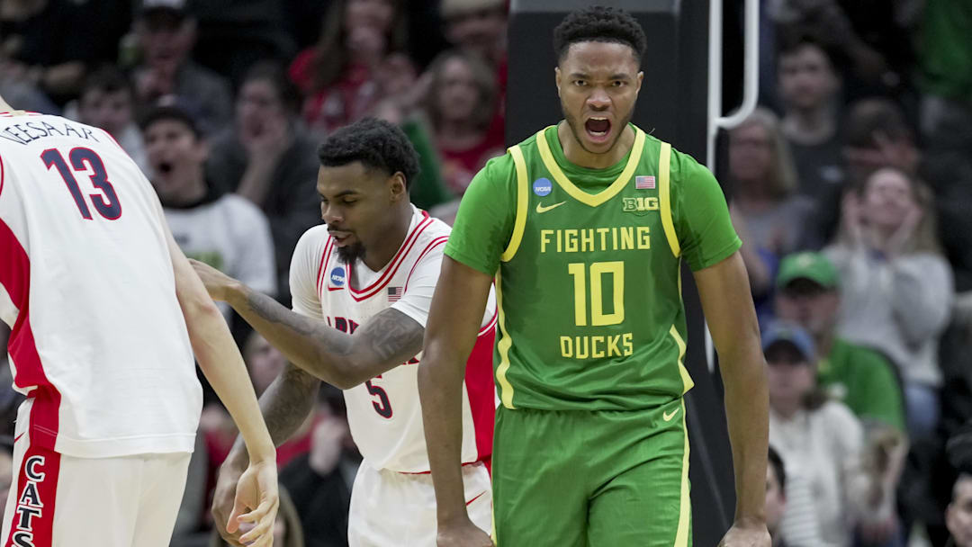 Mar 23, 2025; Seattle, WA, USA;  Oregon Ducks forward Kwame Evans Jr. (10) reacts after a play against the Arizona Wildcats in the first half at Climate Pledge Arena. Mandatory Credit: Stephen Brashear-Imagn Images