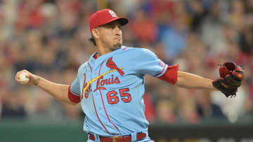 May 27, 2023; Cleveland, Ohio, USA; St. Louis Cardinals relief pitcher Giovanny Gallegos (65) throws a pitch during the tenth inning against the Cleveland Guardians at Progressive Field. Mandatory Credit: Ken Blaze-USA TODAY Sports