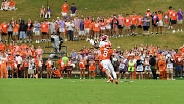 Clemson Tigers cornerback Avieon Terrell (8) tackles Troy Trojans running back Jordan Lovett (1) Saturday, Sept. 6, 2025 during the NCAA football game at Memorial Stadium in Clemson, South Carolina.