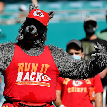 Dec 13, 2020; Miami Gardens, Florida, USA; A Kansas City Chiefs fan dressed as a wolf poses for a photo while attending the game between the Miami Dolphins and the Kansas City Chiefs at Hard Rock Stadium. Mandatory Credit: Jasen Vinlove-Imagn Images