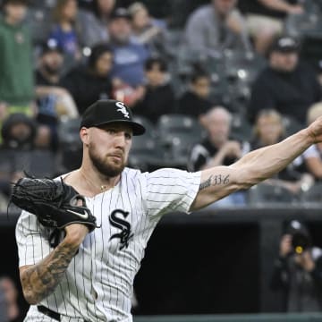 Chicago White Sox pitcher Garrett Crochet (45) commits a throwing error to first base against the Boston Red Sox during the third inning at Guaranteed Rate Field on June 7.