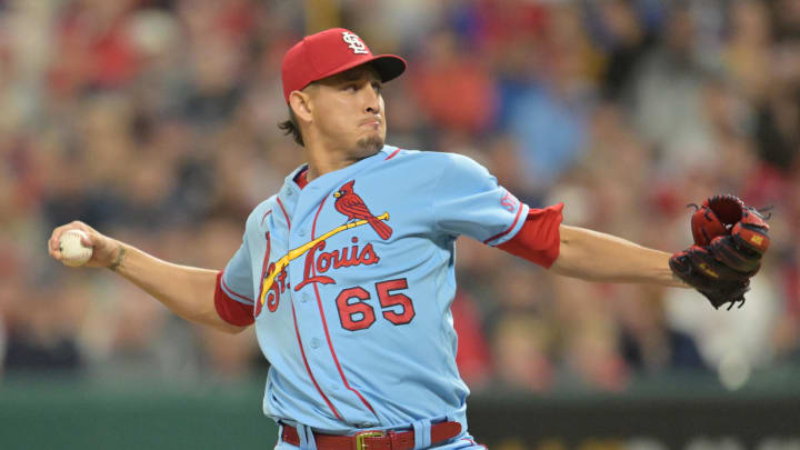 May 27, 2023; Cleveland, Ohio, USA; St. Louis Cardinals relief pitcher Giovanny Gallegos (65) throws a pitch during the tenth inning against the Cleveland Guardians at Progressive Field. Mandatory Credit: Ken Blaze-USA TODAY Sports