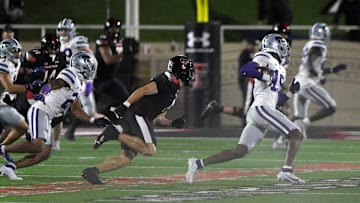 Kansas State's wide receiver Shane Porter (15) intercepts the ball against Texas Tech in a Big 12 conference football game, Saturday, Oct. 14, 2023, at Jones AT&T Stadium.