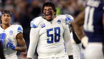 Dec 30, 2023; Arlington, Texas, USA; Detroit Lions offensive tackle Penei Sewell (58) reacts after a penalty on a two point conversion in the fourth quarter against the Dallas Cowboys. Mandatory Credit: Tim Heitman-USA TODAY Sports