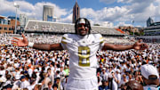 Sep 13, 2025; Atlanta, Georgia, USA; Georgia Tech Yellow Jackets wide receiver Malik Rutherford (8) celebrates after a victory over the Clemson Tigers at Bobby Dodd Stadium at Hyundai Field. Mandatory Credit: Brett Davis-Imagn Images