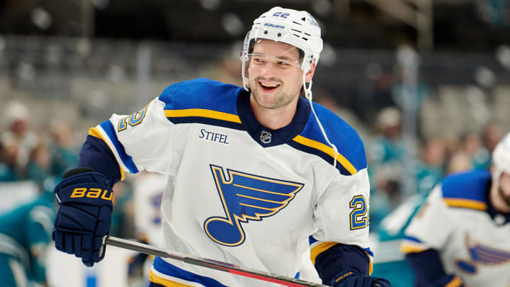 Mar 2, 2023; San Jose, California, USA; St. Louis Blues center Logan Brown (22) skates on the ice before the game against the San Jose Sharks at SAP Center at San Jose. Mandatory Credit: Robert Edwards-USA TODAY Sports