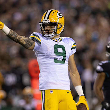 Green Bay Packers wide receiver Christian Watson (9) gestures after a first down against the Philadelphia Eagles in 2022.