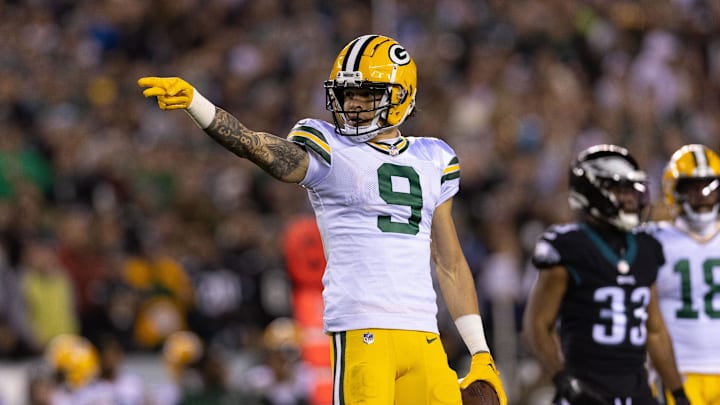 Green Bay Packers wide receiver Christian Watson (9) gestures after a first down against the Philadelphia Eagles in 2022.