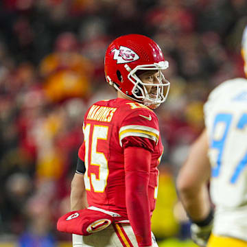 Dec 8, 2024; Kansas City, Missouri, USA; Kansas City Chiefs quarterback Patrick Mahomes (15) reacts after a first down during the second half against the Los Angeles Chargers at GEHA Field at Arrowhead Stadium. Mandatory Credit: Jay Biggerstaff-Imagn Images