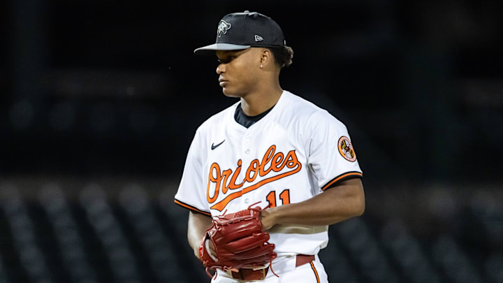 Nov 9, 2025; Mesa, AZ, USA; Baltimore Orioles pitcher Luis De Leon during the Arizona Fall League Fall Stars Game at Sloan Park. Mandatory Credit: Mark J. Rebilas-Imagn Images