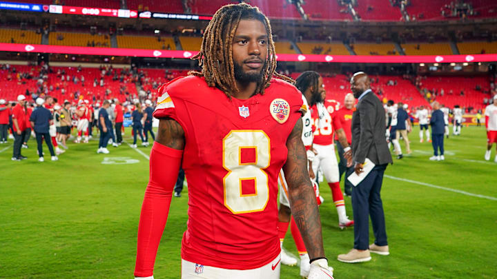 Aug 22, 2025; Kansas City, Missouri, USA; Kansas City Chiefs cornerback Kristian Fulton (8) leaves the field after the game against the Chicago Bears at GEHA Field at Arrowhead Stadium. Mandatory Credit: Denny Medley-Imagn Images