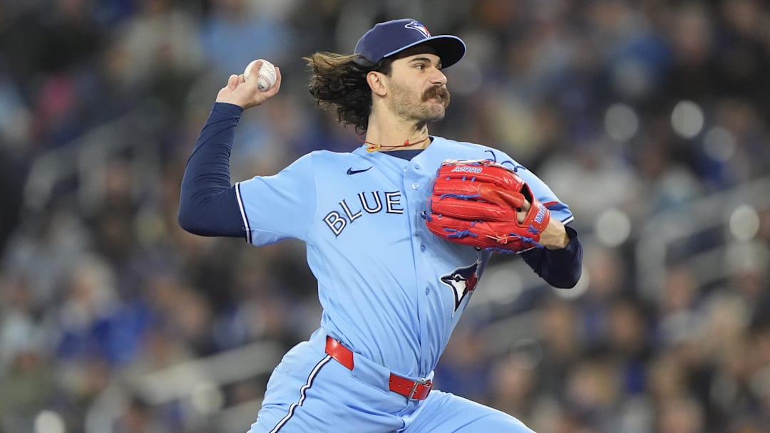 Apr 8, 2026; Toronto, Ontario, CAN; Toronto Blue Jays starting pitcher Dylan Cease (84) pitches to the Los Angeles Dodgers during the second inning at Rogers Centre. Mandatory Credit: John E. Sokolowski-Imagn Images