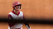 Arkansas infielder Bri Ellis (77) celebrates after hitting a walkoff grand slam to win the game during a SEC softball tournament second round game against Georgia in Athens, Ga., on Wednesday, May 7, 2025. Arkansas won 5-1.