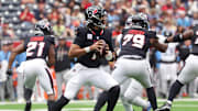 Sep 28, 2025; Houston, Texas, USA; Houston Texans quarterback CJ. Stroud (7) drops to pass during the first half against the Tennessee Titans at NRG Stadium. Mandatory Credit: Troy Taormina-Imagn Images