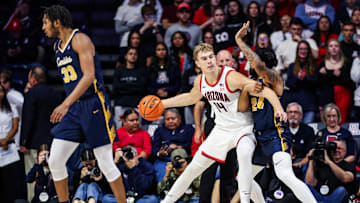 Nov 4, 2024; Tucson, Arizona, USA;  Arizona Wildcats center Motiejus Krivas (14) dribbles the ball during the first half against Canisius Golden Griffins at McKale Center. Mandatory Credit: Aryanna Frank-Imagn Images