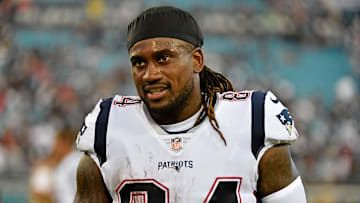 Sep 16, 2018; Jacksonville, FL, USA; New England Patriots wide receiver Cordarrelle Patterson (84) leaves the field after the game against the Jacksonville Jaguars at TIAA Bank Field. Mandatory Credit: Jasen Vinlove-Imagn Images