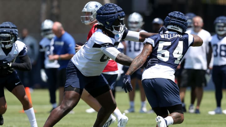 Jul 26, 2024; Oxnard, CA, USA; Dallas Cowboys tackle Tyler Guyton (60) blocks during training camp at the River Ridge Playing Fields in Oxnard, Californian.  Mandatory Credit: Jason Parkhurst-USA TODAY Sports