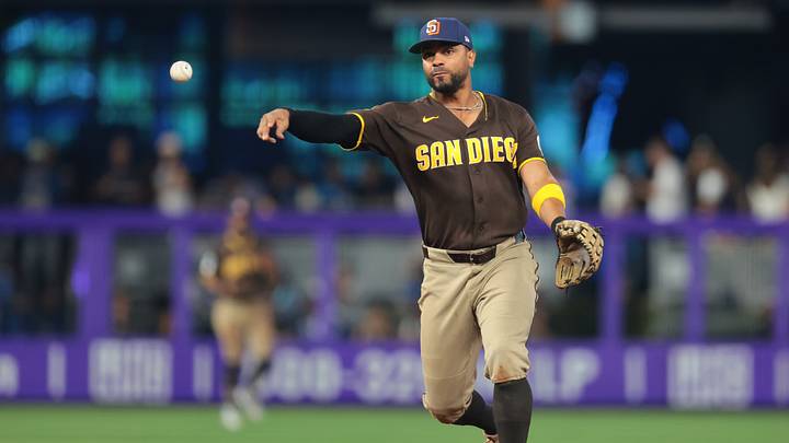 Jul 25, 2026; Miami, Florida, USA; San Diego Padres shortstop Xander Bogaerts (2) throws to first base to retire Miami Marlins catcher Liam Hicks (not pictured) during the fourth inning at loanDepot Park. Mandatory Credit: Sam Navarro-Imagn Images