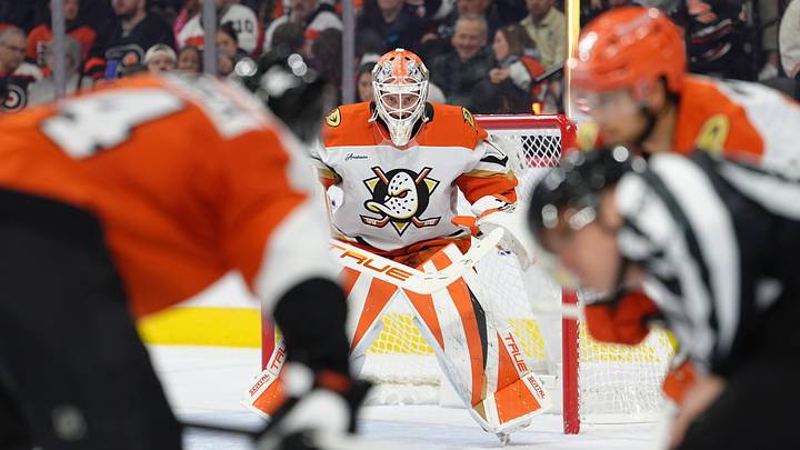 Oct 24, 2026; Philadelphia, Pennsylvania, USA; Anaheim Ducks goalie Lukas Dostal (1) in action against the Philadelphia Flyers in the second period at Xfinity Mobile Arena. Mandatory Credit: Kyle Ross-Imagn Images