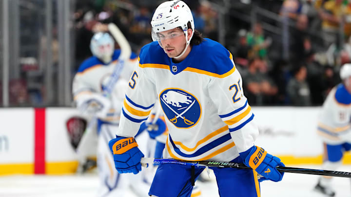 Mar 17, 2026; Las Vegas, Nevada, USA; Buffalo Sabres defenseman Owen Power (25) warms up before a game against the Vegas Golden Knights at T-Mobile Arena. Mandatory Credit: Stephen R. Sylvanie-Imagn Images
