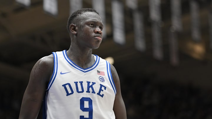 Feb 15, 2025; Durham, North Carolina, USA;  Duke basketbal center Khaman Maluach (9) reacting after dunking against the Stanford Cardinal during the second half at Cameron Indoor Stadium. Blue Devils won 106-70.