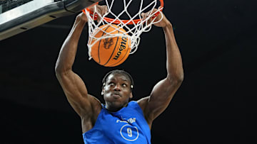 Apr 4, 2025; San Antonio, TX, USA; Florida Gators center Rueben Chinyelu (9) during a practice session for the Final Four of the 2025 NCAA tournament at Alamodome. Mandatory Credit: Bob Donnan-Imagn Images