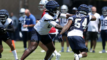 Jul 26, 2024; Oxnard, CA, USA; Dallas Cowboys tackle Tyler Guyton (60) blocks during training camp at the River Ridge Playing Fields in Oxnard, Californian.  Mandatory Credit: Jason Parkhurst-Imagn Images