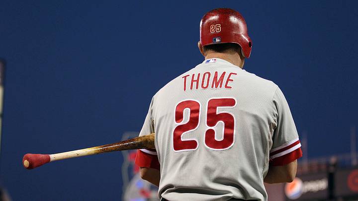 June 12, 2012; Minneapolis, MN, USA: Philadelphia Phillies designated hitter Jim Thome (25) in the on-deck circle during the sixth inning against the Minnesota Twins at Target Field. The Twins won 11-7. Mandatory Credit: Jesse Johnson-Imagn Images