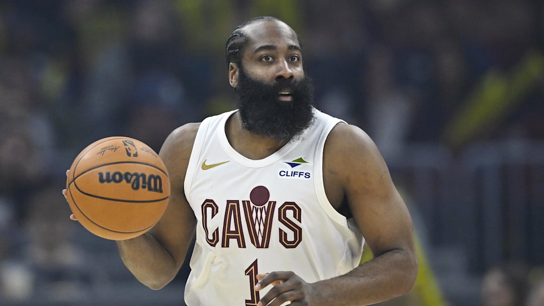Mar 25, 2026; Cleveland, Ohio, USA; Cleveland Cavaliers guard James Harden (1) brings the ball up court in the third quarter against the Miami Heat at Rocket Arena. Mandatory Credit: David Richard-Imagn Images