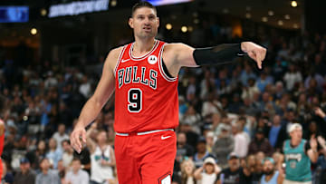 Oct 28, 2024; Memphis, Tennessee, USA; Chicago Bulls center Nikola Vucevic (9) reacts after a foul call during the second half against the Memphis Grizzlies at FedExForum. Mandatory Credit: Petre Thomas-Imagn Images