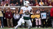 Nov 1, 2025; Minneapolis, Minnesota, USA; Michigan State Spartans quarterback Alessio Milivojevic (11) looks to pass against the Minnesota Golden Gophers during the first half at Huntington Bank Stadium. Mandatory Credit: Matt Krohn-Imagn Images