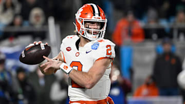 Dec 7, 2024; Charlotte, NC, USA; Clemson Tigers quarterback Cade Klubnik (2) throws during the third quarter against the Southern Methodist Mustangs in the 2024 ACC Championship game at Bank of America Stadium. Mandatory Credit: Bob Donnan-Imagn Images