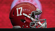 Jul 18, 2018; Atlanta, GA, USA; An Alabama Crimson Tide helmet is shown on the main stage during SEC football media day at the College Football Hall of Fame. Mandatory Credit: Dale Zanine-Imagn Images