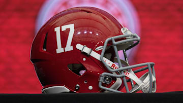 Jul 18, 2018; Atlanta, GA, USA; An Alabama Crimson Tide helmet is shown on the main stage during SEC football media day at the College Football Hall of Fame. Mandatory Credit: Dale Zanine-Imagn Images