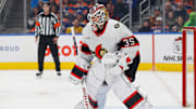 Dec 22, 2024; Edmonton, Alberta, CAN; Ottawa Senators goaltender Linus Ullmark (35) gets ready to face a shot against the Edmonton Oilers at Rogers Place. Mandatory Credit: Perry Nelson-Imagn Images