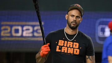 Oct 10, 2023; Arlington, Texas, USA; Baltimore Orioles center fielder Aaron Hicks (34) warms up before game three against the Texas Rangers in the ALDS for the 2023 MLB playoffs at Globe Life Field. Mandatory Credit: Jerome Miron-USA TODAY Sports